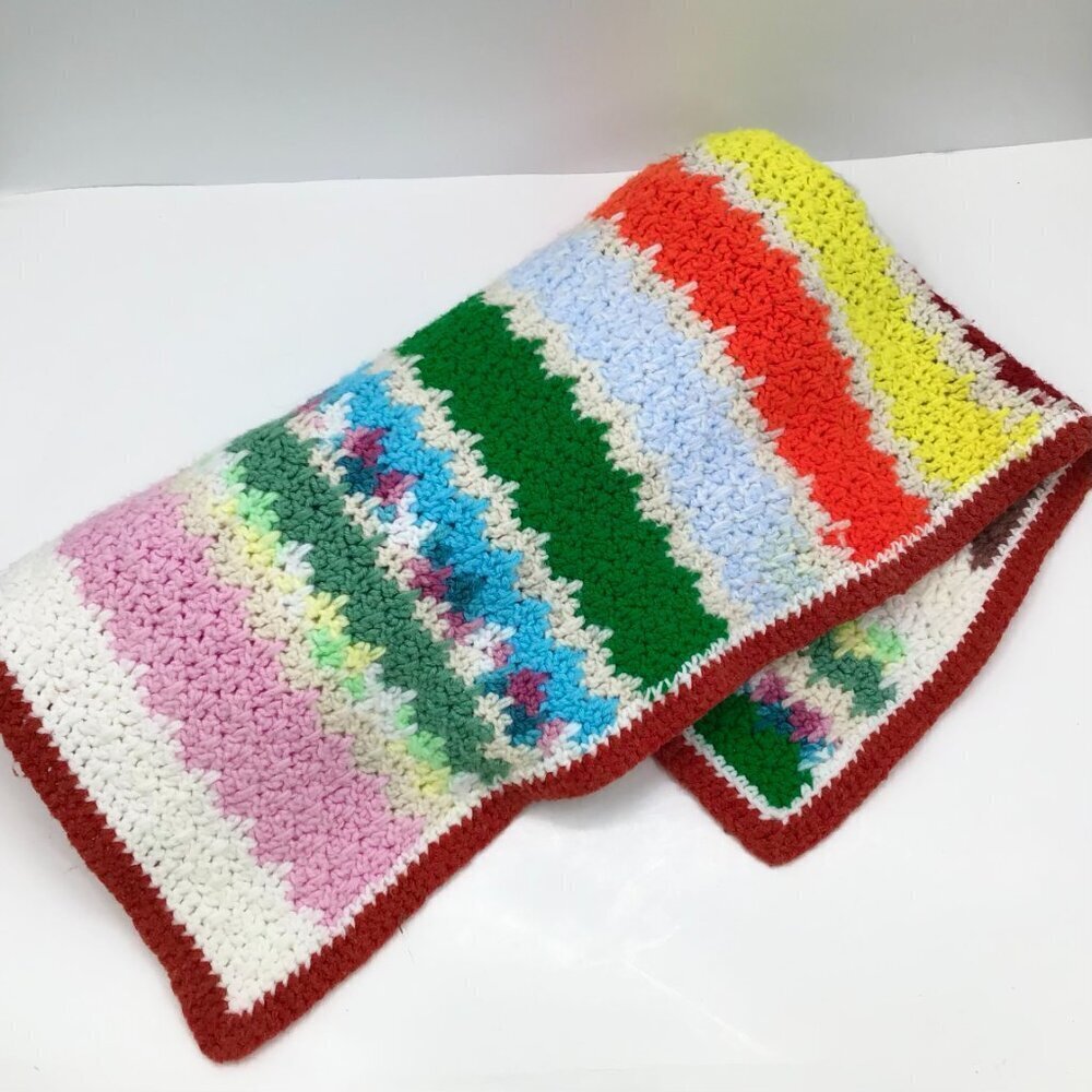 Vintage 1970s Retro Granny Baby Blanket Handmade MCM Colorful Striped Dopamine - Picture 2 of 13